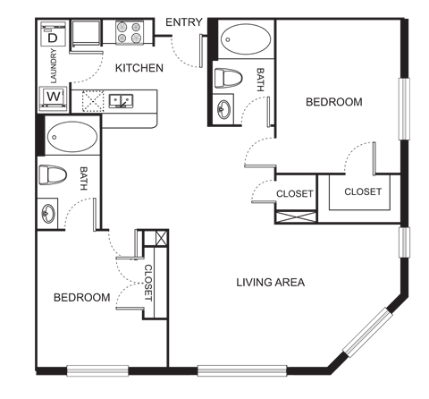 Floor plan for 2 beds, 2 baths, 1132 sqft